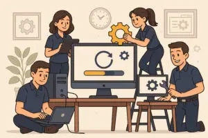 A cartoon-style illustration of four people working collaboratively in an office setting. Two individuals are adjusting a large computer monitor displaying a gear and a circular arrow with a loading bar. One person is using a tablet while standing, another is working on a laptop on the floor, and a third is kneeling with a wrench, tinkering with a smaller monitor. The room features a clock, framed gear pictures on the wall, a potted plant, and a desk with a computer tower.