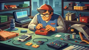 A cartoon-style illustration of a person in a blue vest and red cap working on an electronic device at a cluttered desk. The desk is filled with various tech items, including a laptop, a mouse, a control panel, and small components. Shelves in the background hold books, boxes, and additional equipment, with a cityscape visible through a window.