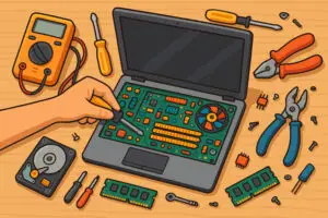 A cartoon-style illustration of a hand using a screwdriver to repair an open laptop on a wooden surface. The laptop's internal components, including a circuit board, fan, and RAM, are visible. Surrounding the laptop are various tools and parts, such as a multimeter, pliers, screwdrivers, a hard drive, and scattered screws.