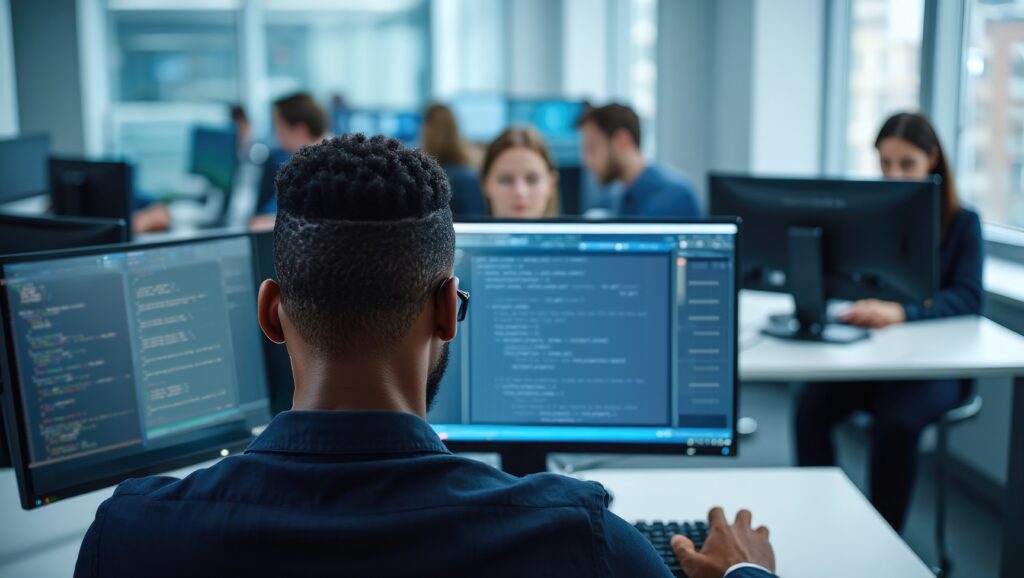 A person working at a desk with multiple computer monitors displaying code, in a modern office environment with other colleagues in the background.