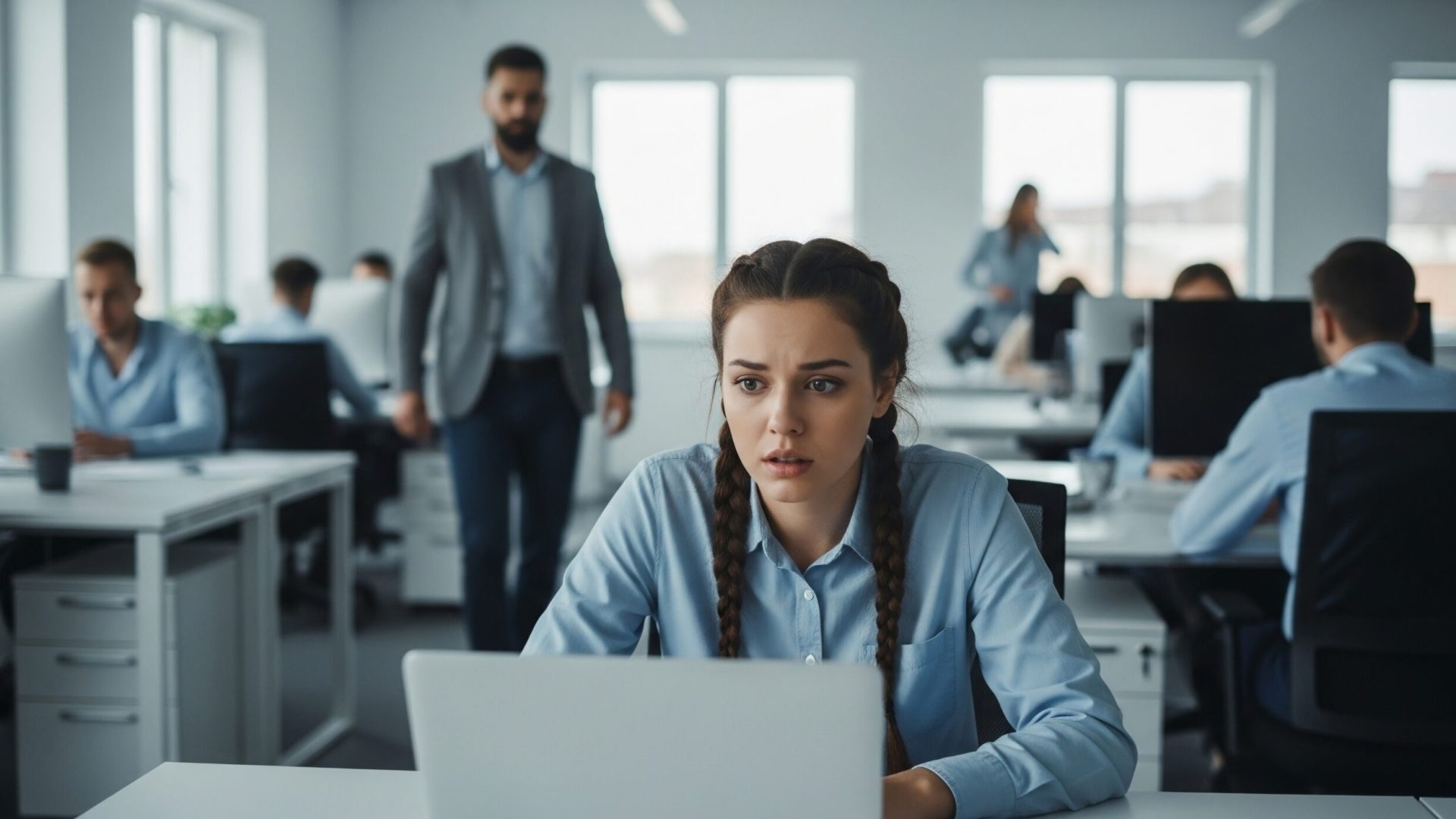 A young woman with braided hair sits at a desk in a busy office, looking concerned while working on a laptop. Other colleagues are blurred in the background, focused on their tasks, with natural light streaming through large windows