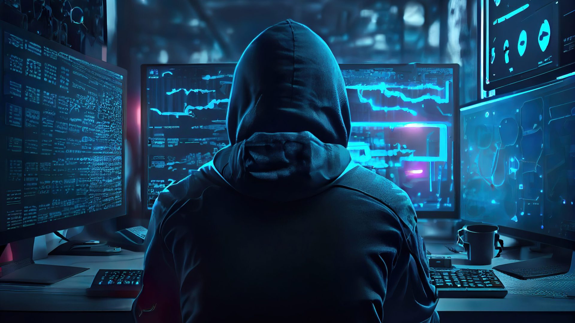 hacker front of his computer committing digital cybercrime