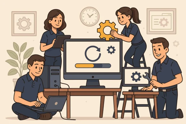 A cartoon-style illustration of four people working collaboratively in an office setting. Two individuals are adjusting a large computer monitor displaying a gear and a circular arrow with a loading bar. One person is using a tablet while standing, another is working on a laptop on the floor, and a third is kneeling with a wrench, tinkering with a smaller monitor. The room features a clock, framed gear pictures on the wall, a potted plant, and a desk with a computer tower.