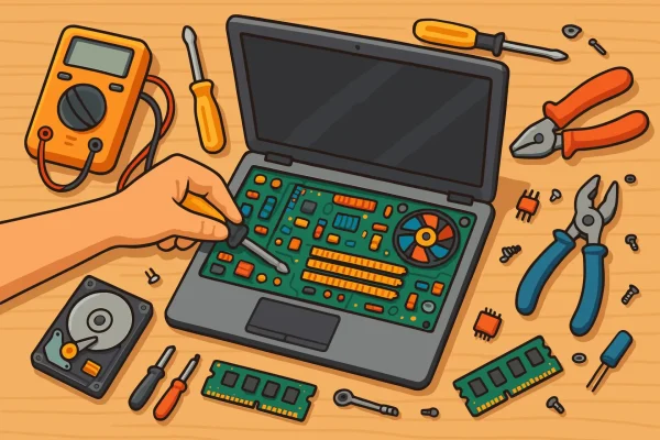 A cartoon-style illustration of a hand using a screwdriver to repair an open laptop on a wooden surface. The laptop's internal components, including a circuit board, fan, and RAM, are visible. Surrounding the laptop are various tools and parts, such as a multimeter, pliers, screwdrivers, a hard drive, and scattered screws.